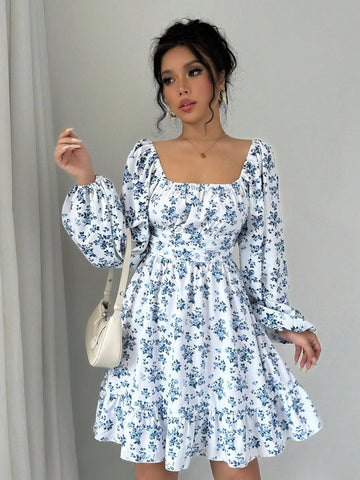 Women's Holiday Floral Print Lantern Sleeve Casual Mini Dress