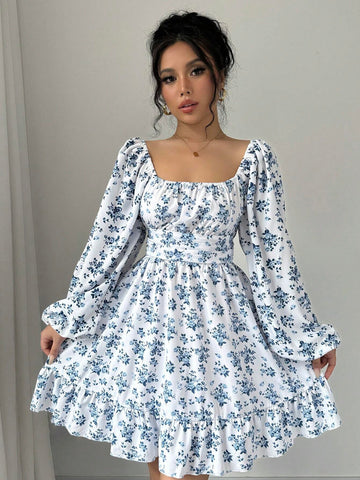 Women's Holiday Floral Print Lantern Sleeve Casual Mini Dress
