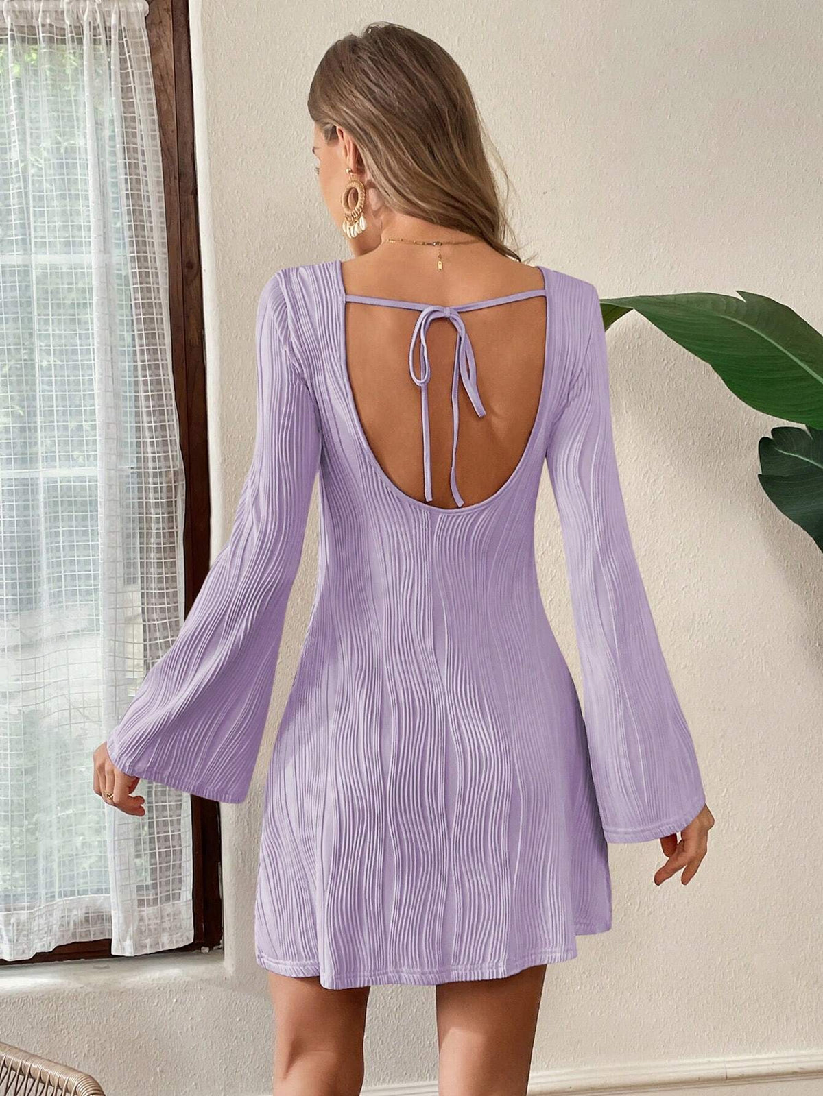 Women's Hollow-Out Back Long Sleeve Bodycon Dress With Tie