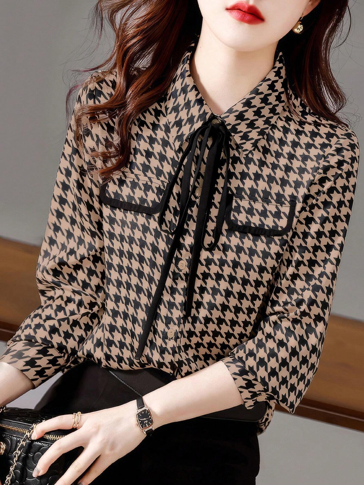 Essnce Women's Houndstooth Print Lapel Tie Front Elegant Long Sleeve Blouse