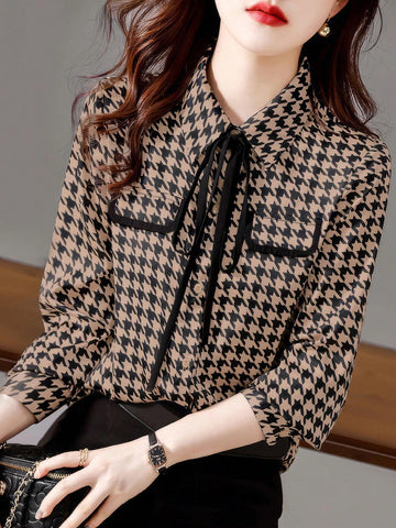 Essnce Women's Houndstooth Print Lapel Tie Front Elegant Long Sleeve Blouse
