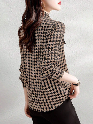 Essnce Women's Houndstooth Print Lapel Tie Front Elegant Long Sleeve Blouse