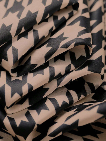 Essnce Women's Houndstooth Print Lapel Tie Front Elegant Long Sleeve Blouse