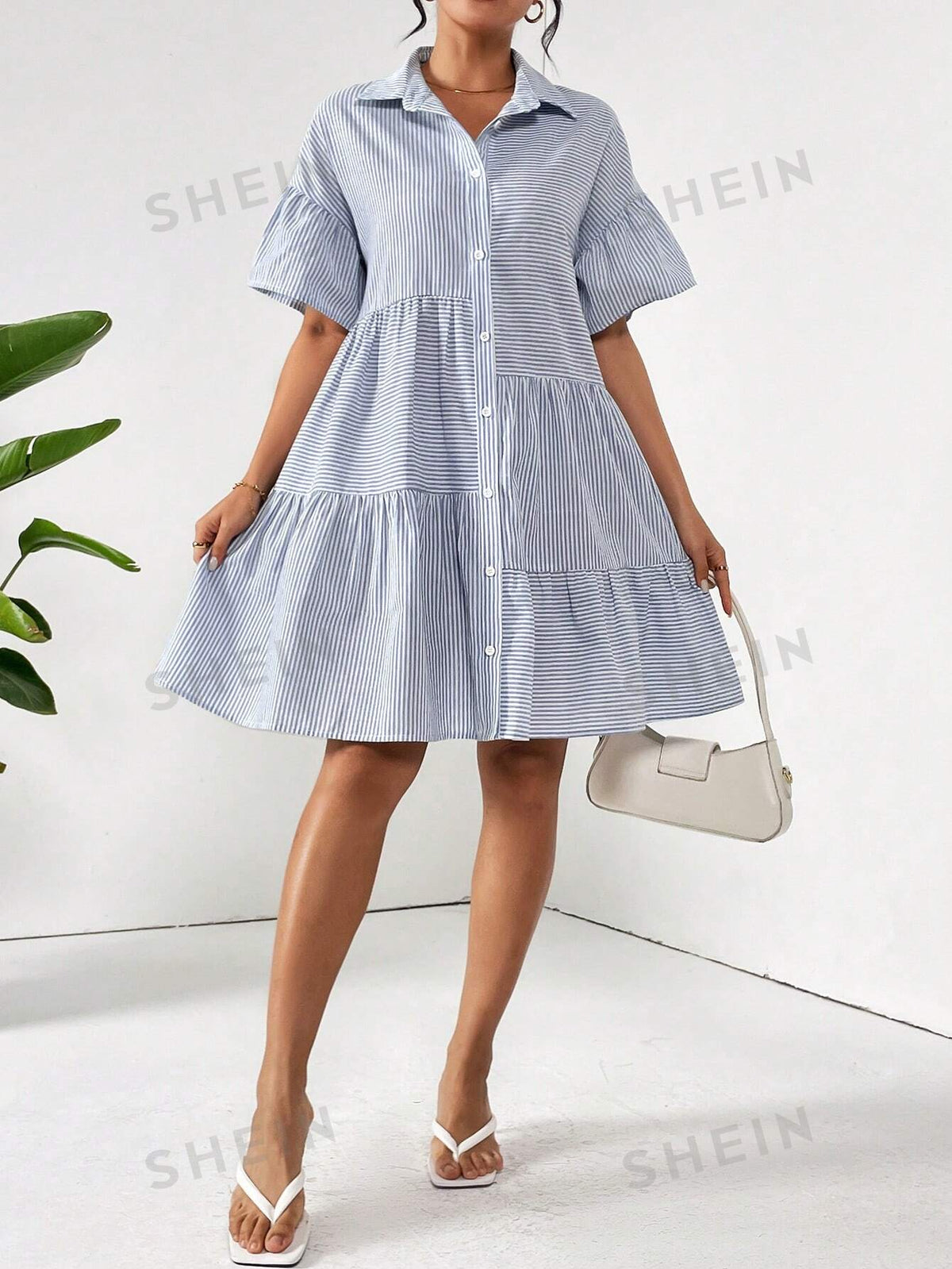 Women's Irregular Stripe Patterned Princess Dress Loose Fit Shirt Dress With Swing Hem