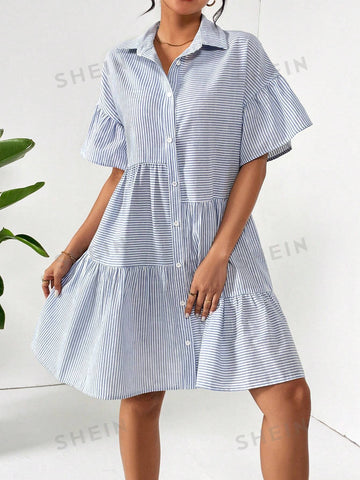 Women's Irregular Stripe Patterned Princess Dress Loose Fit Shirt Dress With Swing Hem