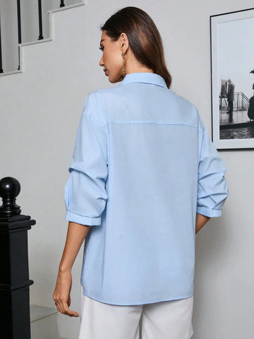 Essnce Women's Irregular Wide Placket V-Neck Work Shirt With 3/4 Sleeves For Office
