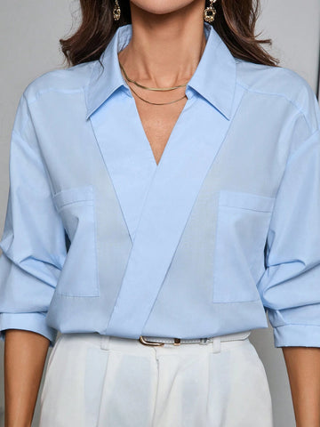Essnce Women's Irregular Wide Placket V-Neck Work Shirt With 3/4 Sleeves For Office