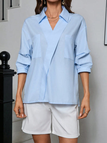 Essnce Women's Irregular Wide Placket V-Neck Work Shirt With 3/4 Sleeves For Office