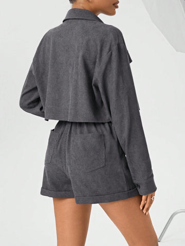 Women's Lapel Collar Workwear Jacket And Belted Shorts Set With Pockets