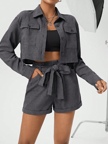 Women's Lapel Collar Workwear Jacket And Belted Shorts Set With Pockets