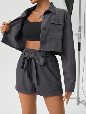 Women's Lapel Collar Workwear Jacket And Belted Shorts Set With Pockets