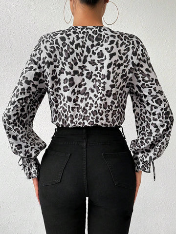 Women's Leopard Print Belted Cuff Spliced Shirt Bodysuit