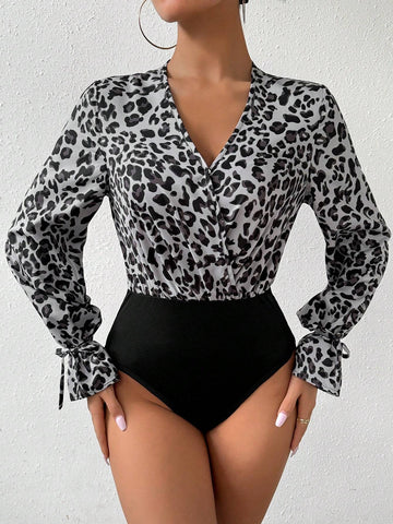 Women's Leopard Print Belted Cuff Spliced Shirt Bodysuit