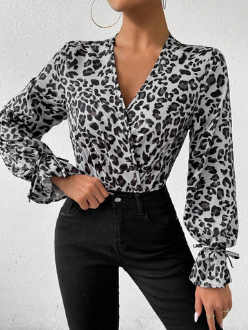 Women's Leopard Print Belted Cuff Spliced Shirt Bodysuit