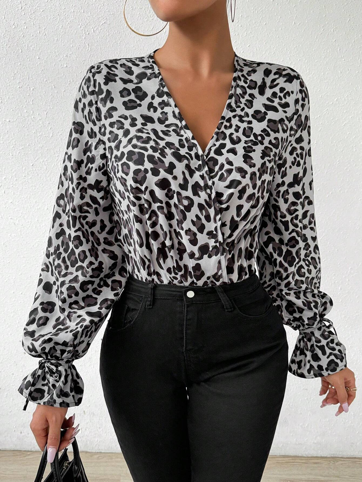 Women's Leopard Print Belted Cuff Spliced Shirt Bodysuit