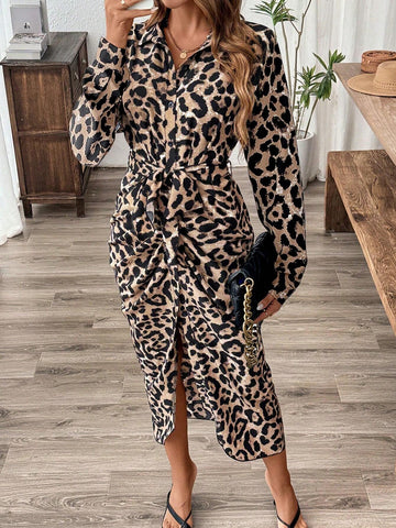 Women's Leopard Print Long Sleeve Dress