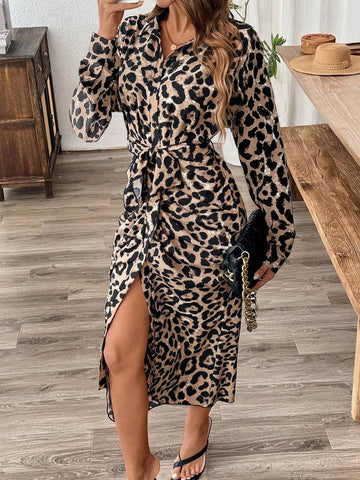 Women's Leopard Print Long Sleeve Dress