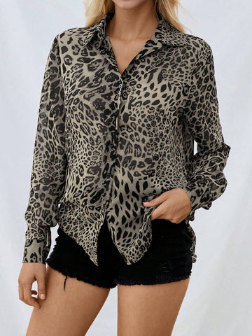 Essnce Women's Leopard Print Sheer Long Sleeve Cardigan, Autumn
