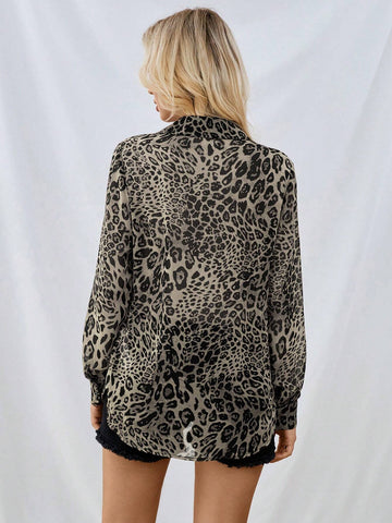 Essnce Women's Leopard Print Sheer Long Sleeve Cardigan, Autumn