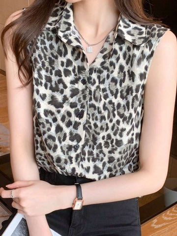 Essnce Women's Leopard Print Sleeveless Casual Shirt With Shirt Collar And Single-Breasted Closure, Summer