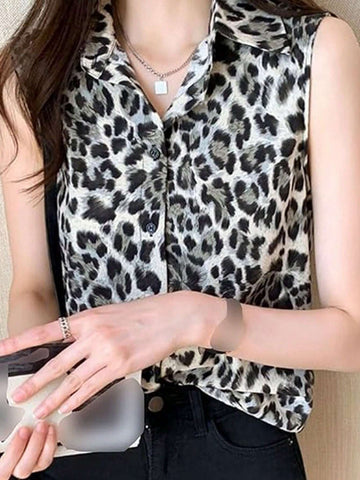 Essnce Women's Leopard Print Sleeveless Casual Shirt With Shirt Collar And Single-Breasted Closure, Summer