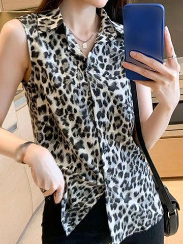 Essnce Women's Leopard Print Sleeveless Casual Shirt With Shirt Collar And Single-Breasted Closure, Summer