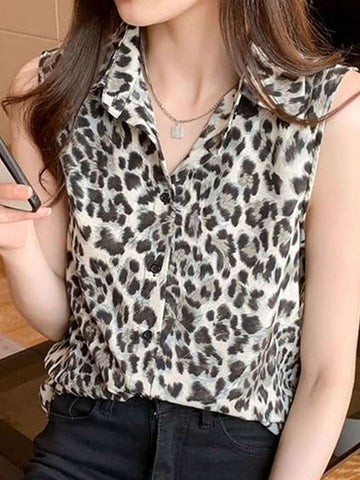 Essnce Women's Leopard Print Sleeveless Casual Shirt With Shirt Collar And Single-Breasted Closure, Summer