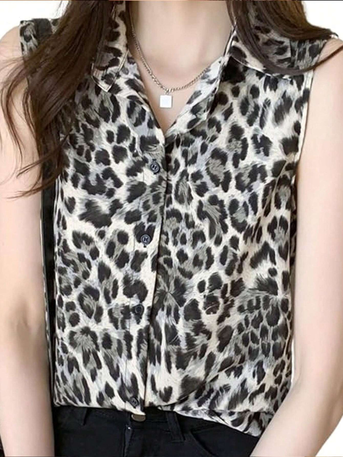 Essnce Women's Leopard Print Sleeveless Casual Shirt With Shirt Collar And Single-Breasted Closure, Summer