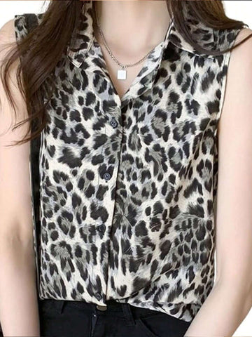 Essnce Women's Leopard Print Sleeveless Casual Shirt With Shirt Collar And Single-Breasted Closure, Summer