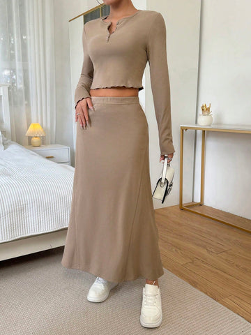 Women's Lettuce Trim Cropped Top And Skirt Two Piece Set