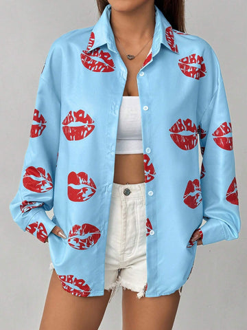 Essnce Women' Lips Printed Drop Shoulder Long Sleeve Casual Casual Shirt, Spring/Summer