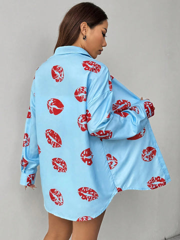 Essnce Women' Lips Printed Drop Shoulder Long Sleeve Casual Casual Shirt, Spring/Summer
