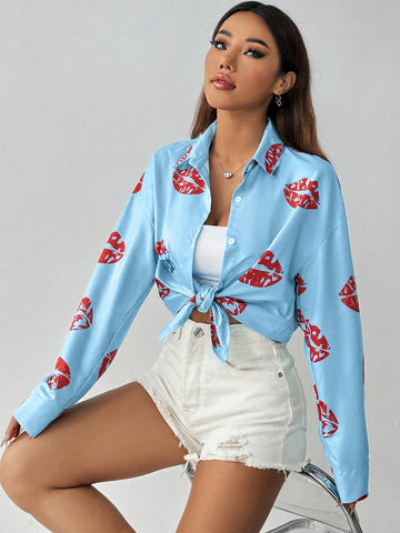 Essnce Women' Lips Printed Drop Shoulder Long Sleeve Casual Casual Shirt, Spring/Summer