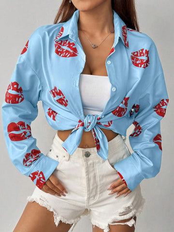 Essnce Women' Lips Printed Drop Shoulder Long Sleeve Casual Casual Shirt, Spring/Summer