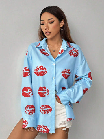 Essnce Women' Lips Printed Drop Shoulder Long Sleeve Casual Casual Shirt, Spring/Summer