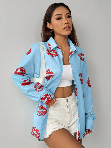 Essnce Women' Lips Printed Drop Shoulder Long Sleeve Casual Casual Shirt, Spring/Summer
