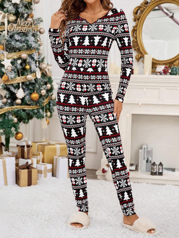 Women's Long Sleeve Christmas Print Notch Neck Unitard Jumpsuit Autumn/Winter Autumn & Winter Winter,Fall Women,Fall Outfits,Fall Women Outfits,Winter Outfits, Warm And Easy To Match, Suitable For Daily Street, Commute, Home Wea
