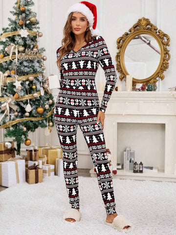 Women's Long Sleeve Christmas Print Notch Neck Unitard Jumpsuit Autumn/Winter Autumn & Winter Winter,Fall Women,Fall Outfits,Fall Women Outfits,Winter Outfits, Warm And Easy To Match, Suitable For Daily Street, Commute, Home Wea