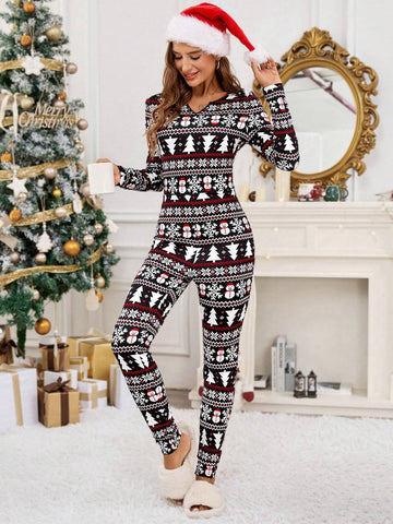 Women's Long Sleeve Christmas Print Notch Neck Unitard Jumpsuit Autumn/Winter Autumn & Winter Winter,Fall Women,Fall Outfits,Fall Women Outfits,Winter Outfits, Warm And Easy To Match, Suitable For Daily Street, Commute, Home Wea