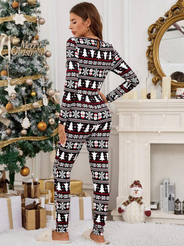 Women's Long Sleeve Christmas Print Notch Neck Unitard Jumpsuit Autumn/Winter Autumn & Winter Winter,Fall Women,Fall Outfits,Fall Women Outfits,Winter Outfits, Warm And Easy To Match, Suitable For Daily Street, Commute, Home Wea