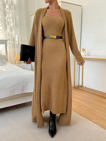 Women's Long Sleeve Open Front Coat And Slip Dress Set