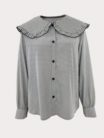 Essnce Women's Long Sleeve Ruffle Trim Button Front Striped Casual Shirt