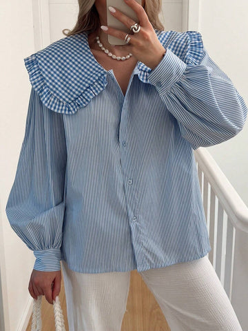 Essnce Women's Long Sleeve Ruffle Trim Button Front Striped Casual Shirt