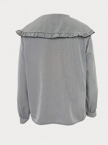 Essnce Women's Long Sleeve Ruffle Trim Button Front Striped Casual Shirt