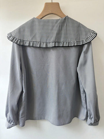 Essnce Women's Long Sleeve Ruffle Trim Button Front Striped Casual Shirt