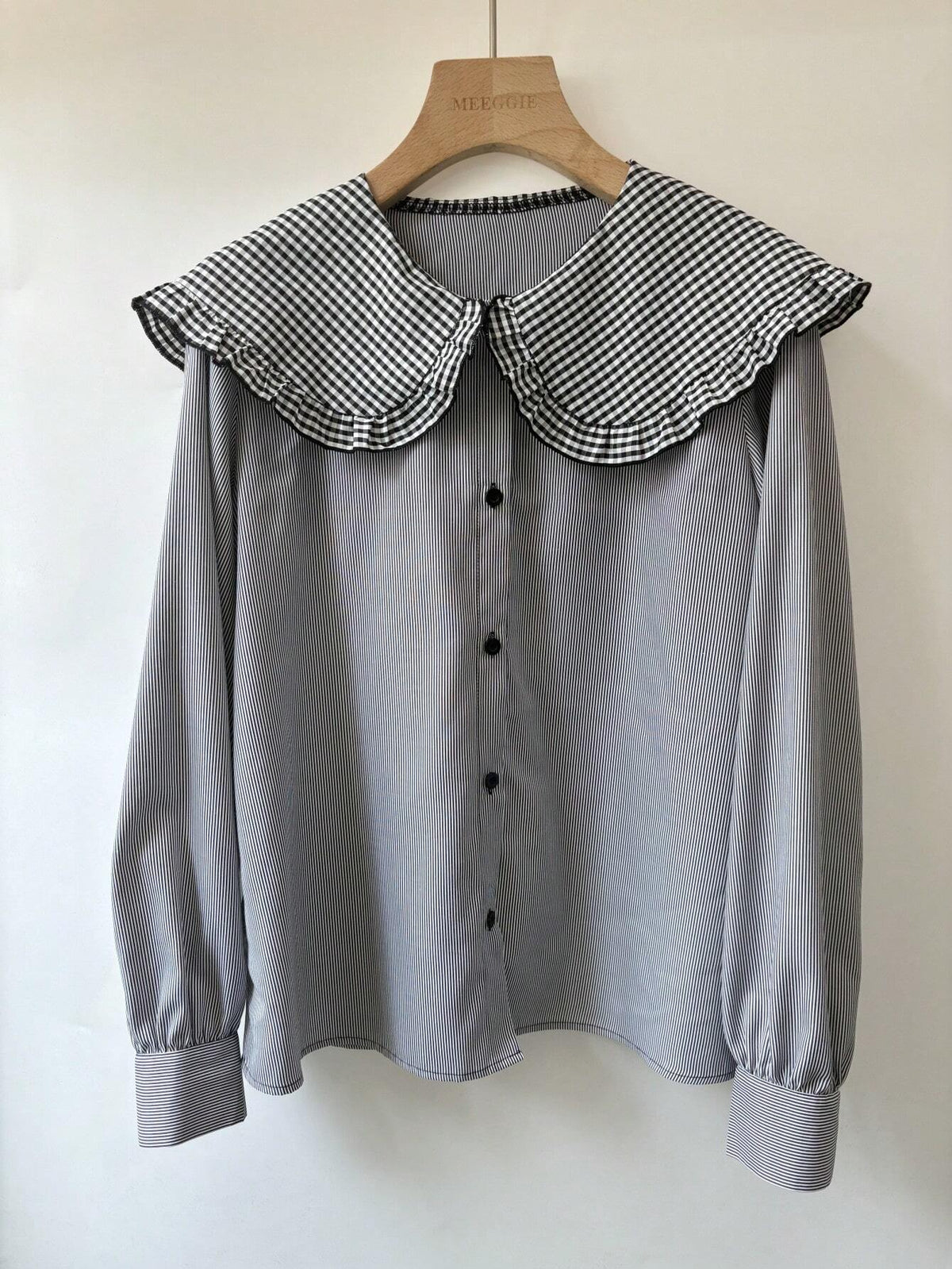 Essnce Women's Long Sleeve Ruffle Trim Button Front Striped Casual Shirt