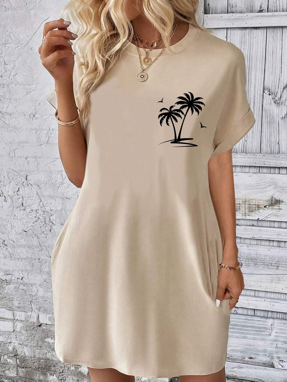 Women's Loose-Fit Coconut Tree Pattern Short Sleeve Round Neck Dress, Perfect For Summer