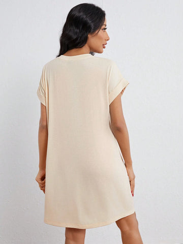 Women's Loose-Fit Coconut Tree Pattern Short Sleeve Round Neck Dress, Perfect For Summer