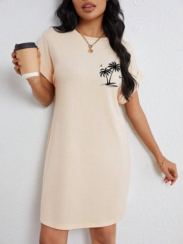 Women's Loose-Fit Coconut Tree Pattern Short Sleeve Round Neck Dress, Perfect For Summer