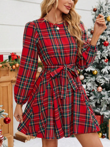 Women's Loose Fit A-Line Round Neck Puff Sleeve Christmas Dress